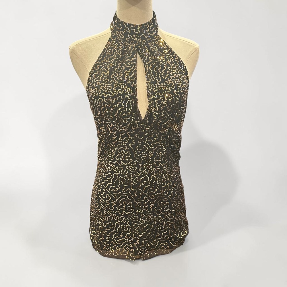 Body Central Sequin Halter Top Keyhole Open Back Gold Black Medium Women Y2K